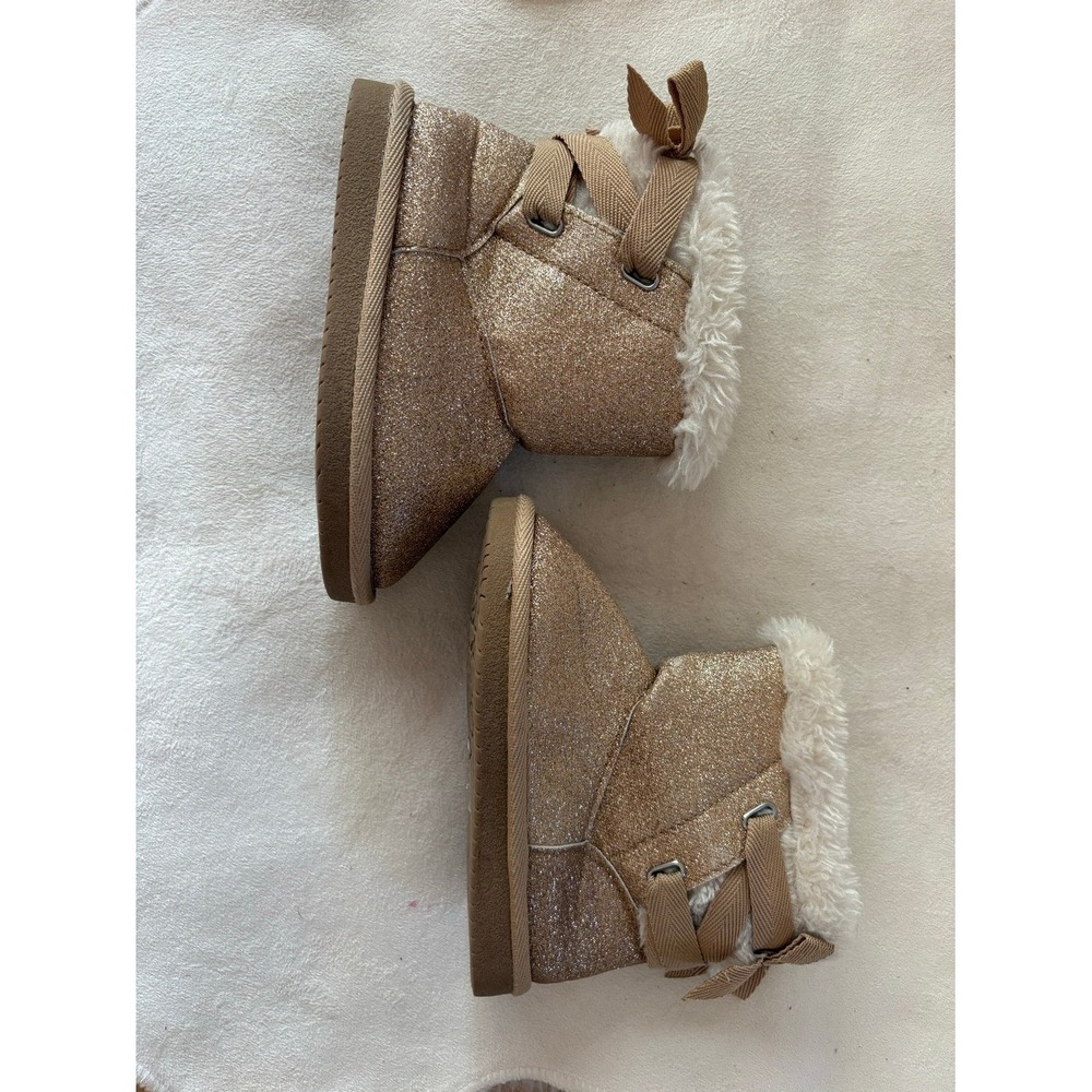 Toddler Girls Rose Gold Glitter Faux Fur Trim Bow Back‎ Boots Size 6 - Picture 4 of 5